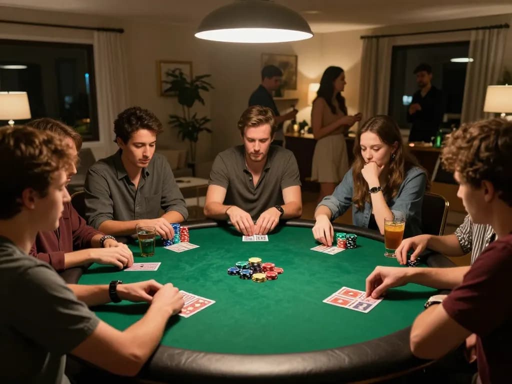 Pemain strategis di malam poker di rumah, menampilkan kebahagiaan telepathywear dalam permainan.