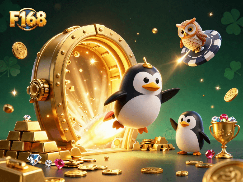F168 reveals golden treasures through a dynamic casino space adventure with a golden penguin and an owl.