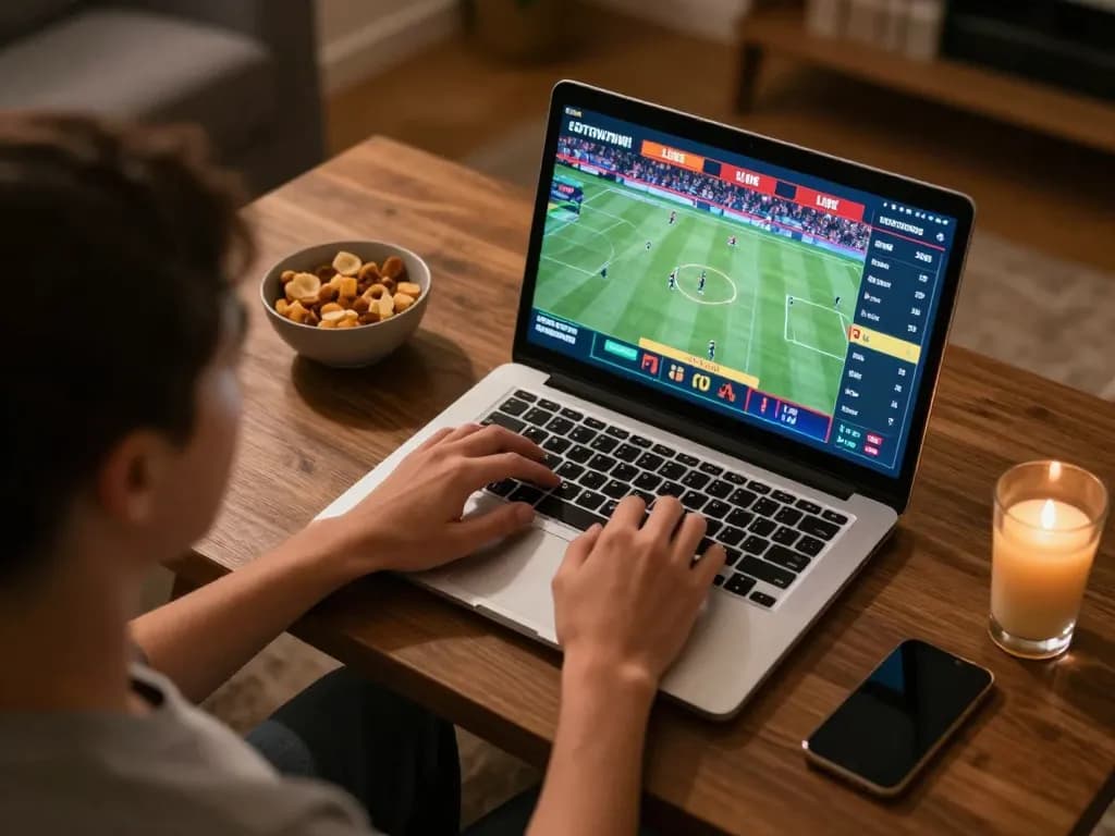 Engaging in sports betting with live odds on a laptop, showcasing soi keo nha cai in action at home.