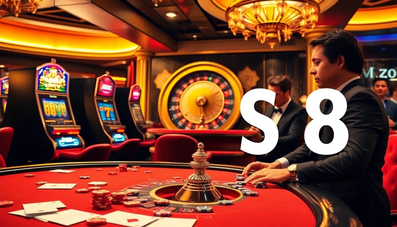 Players enjoying various casino games at a luxurious venue, showcasing S 8 alongside vibrant slot machines and poker tables.