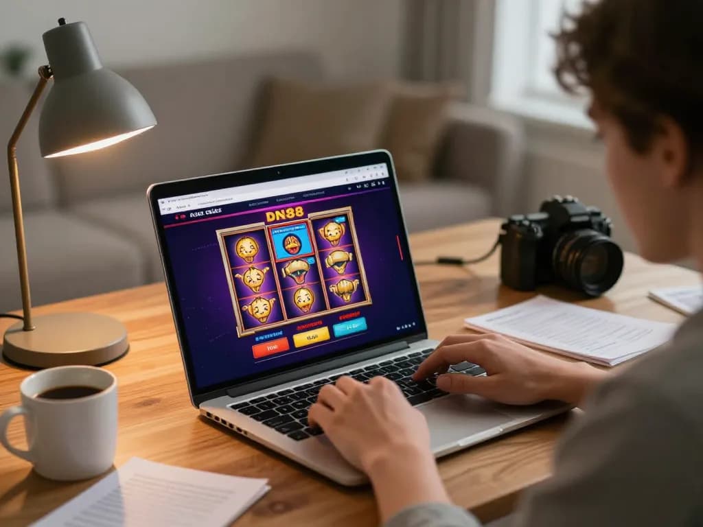 Engaging interaction with DN88 online casino game setup, showcasing strategic gameplay on a laptop.