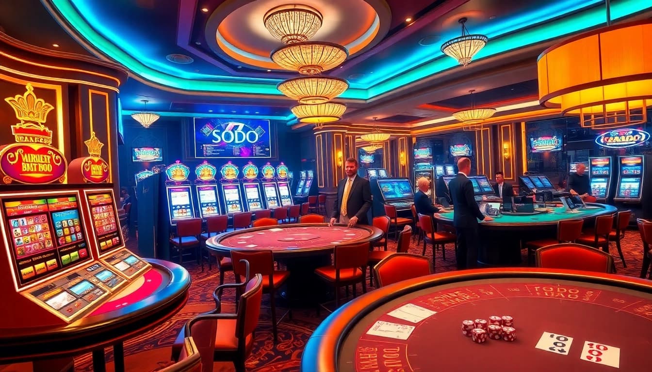 SODO-themed gambling scene featuring poker tables and vibrant slot machines in a luxurious casino.