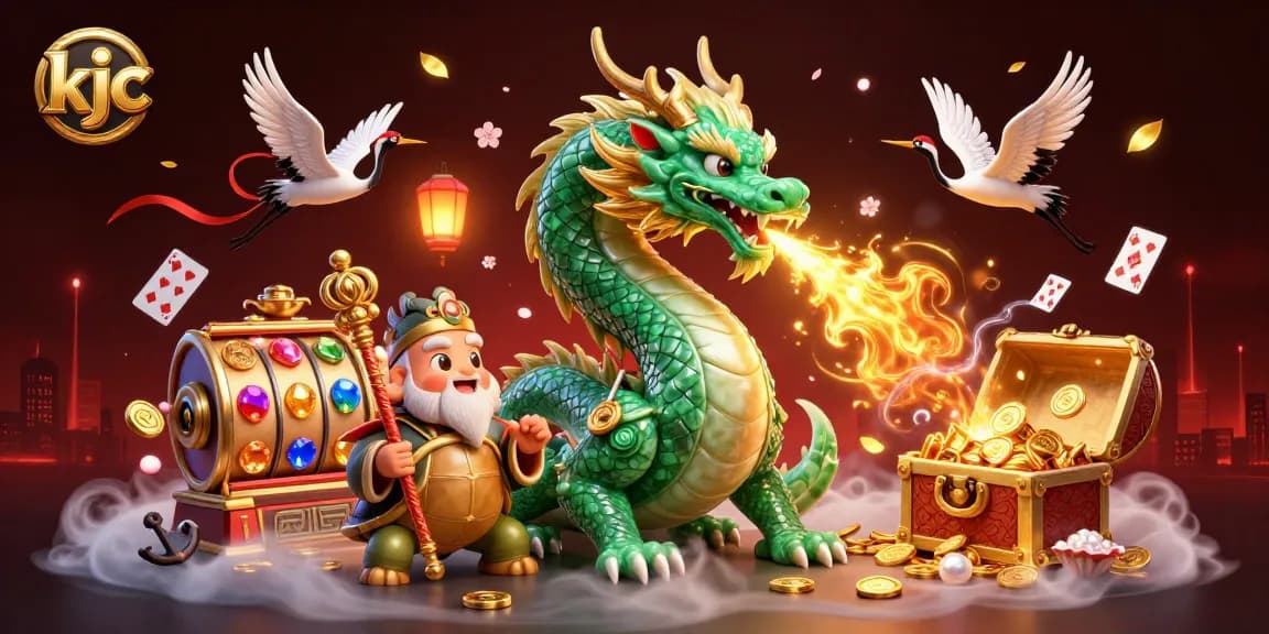 Engage with KJC's vibrant gaming universe featuring slot machines and mythical characters.
