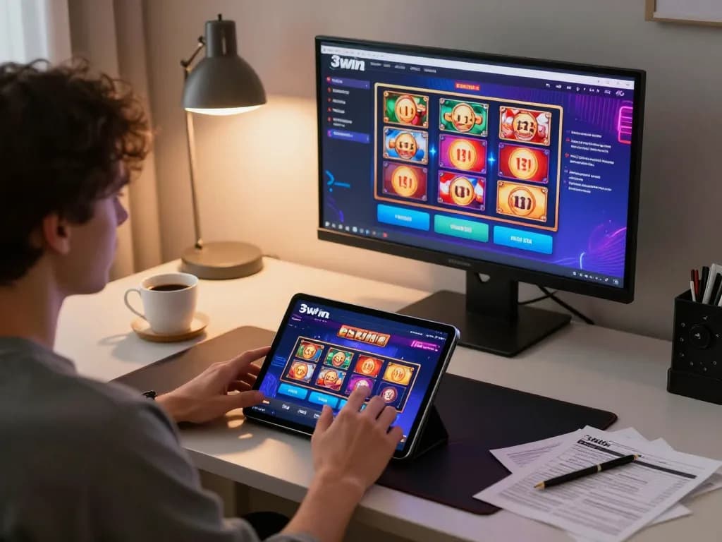 Engaged gamer explores 3win online casino interface during a home gaming session, showcasing strategic gameplay