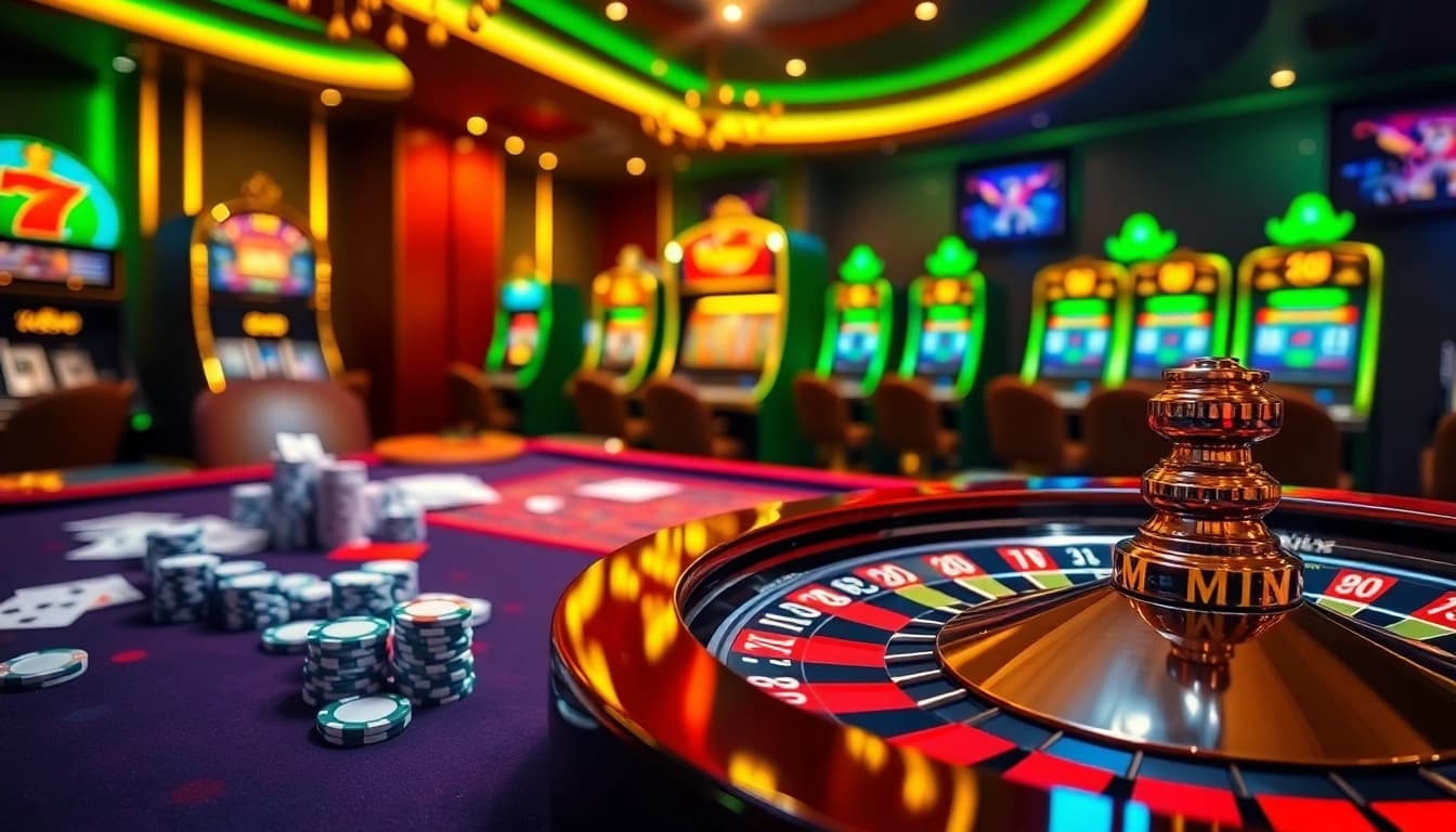 Experience the thrill of gaming at MN88 with an elegant casino scene featuring poker and roulette.