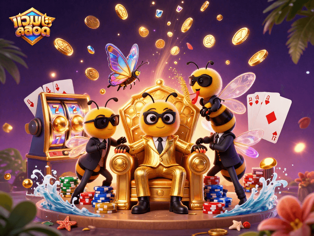 Experience เว็บสล็อต excitement in a vibrant 3D casino scene filled with dynamic gaming elements.
