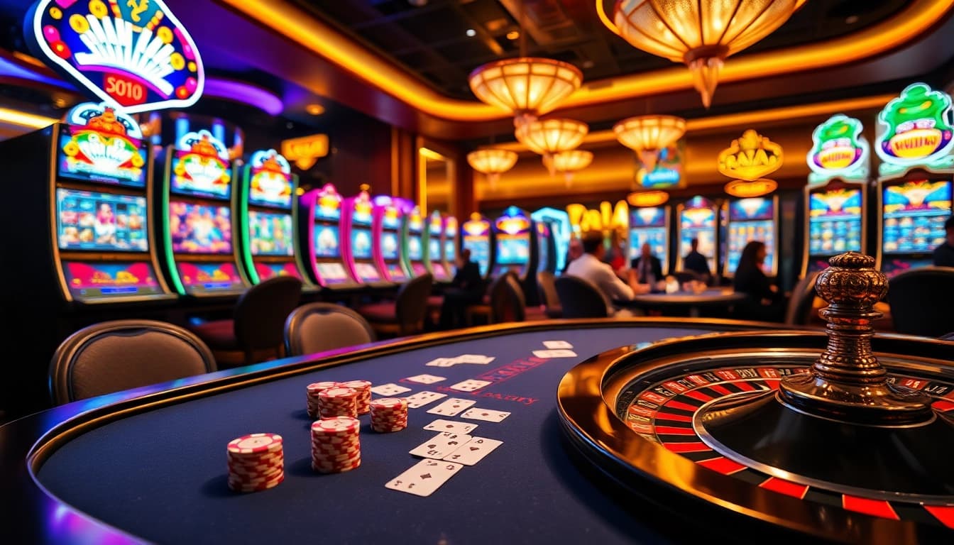 Experience the thrill of gambling at Raja Luck with vibrant poker tables and exciting slot machines.