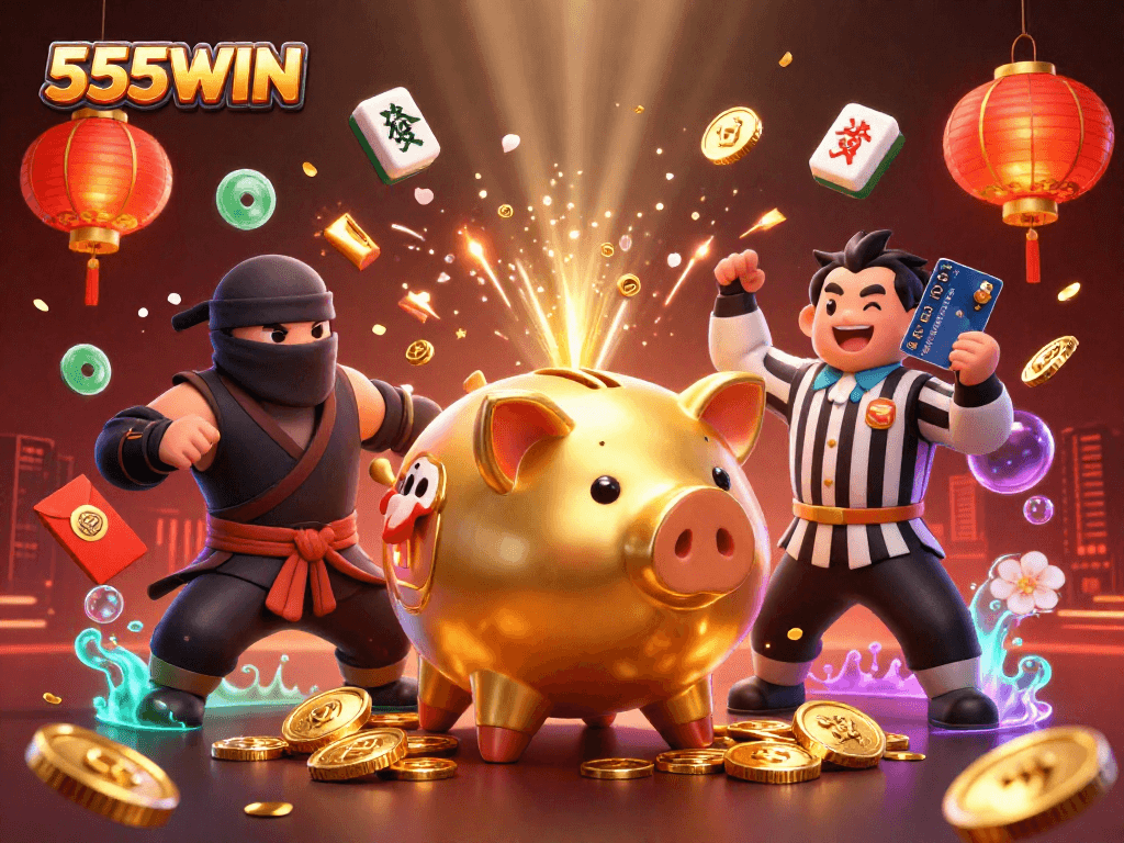 Experience thrilling gaming at 555WIN with dynamic action featuring a piggy bank sumo wrestler and ninja characters!
