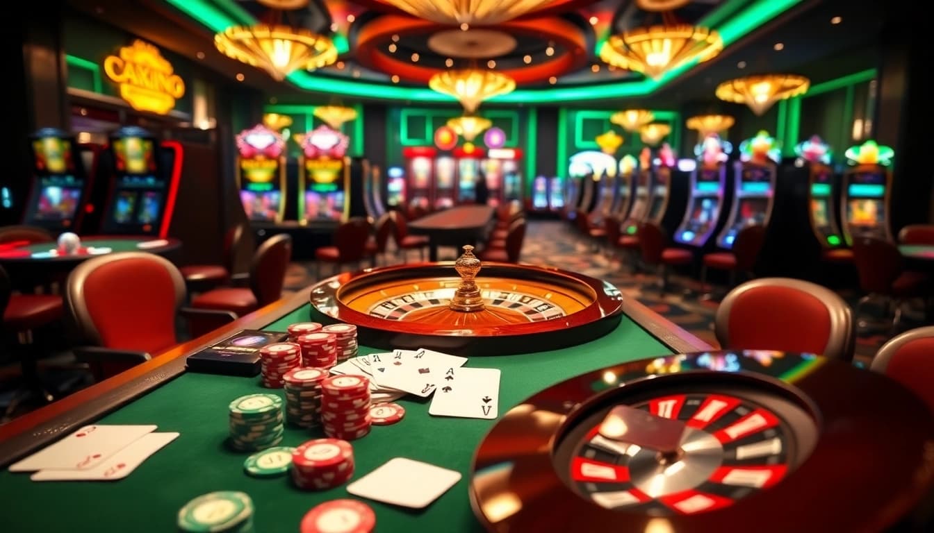 79king poker table with vibrant chips and illuminated slot machines creating excitement.