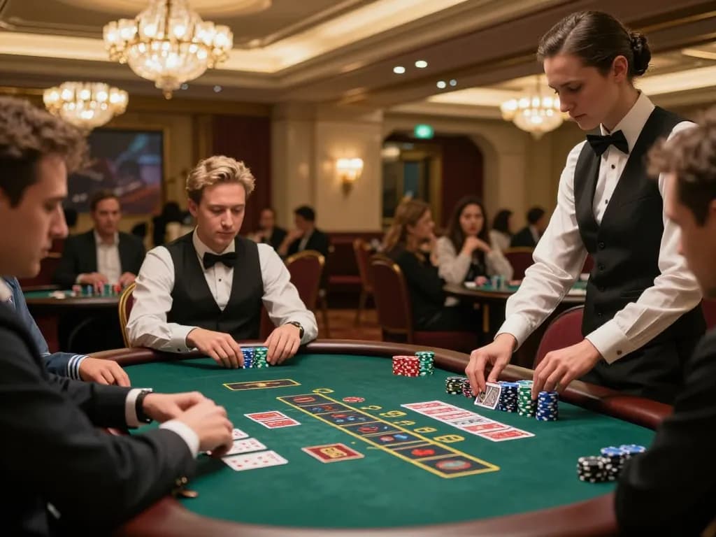 LC88 players evaluating strategies at a high-stakes blackjack table in an upscale casino.