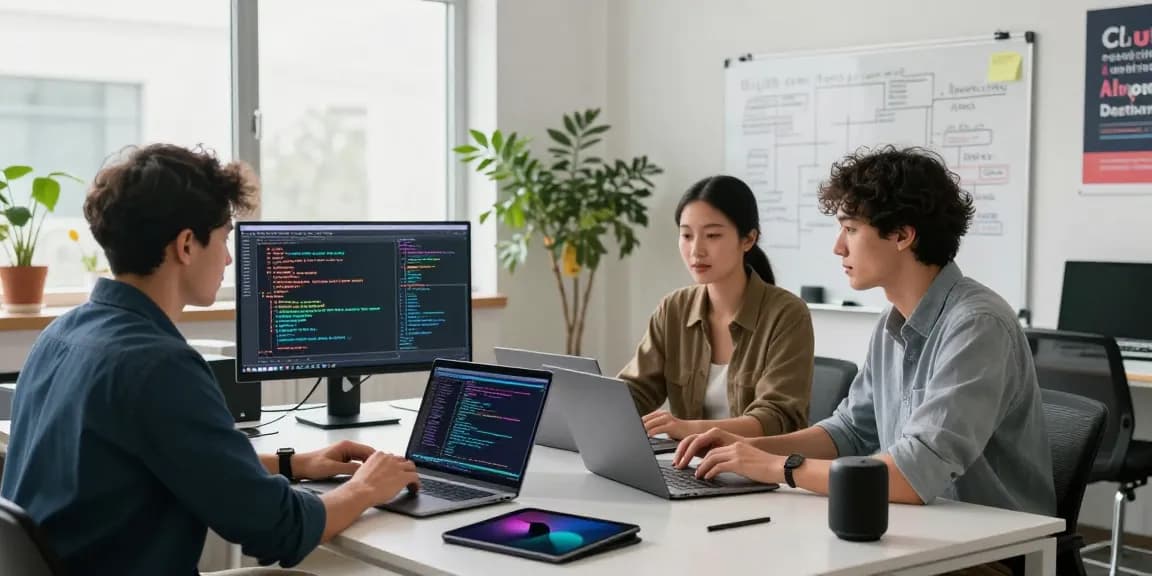 Engaging tech workspace with AI development, showcasing spicy ai algorithms on screens and collaborative team