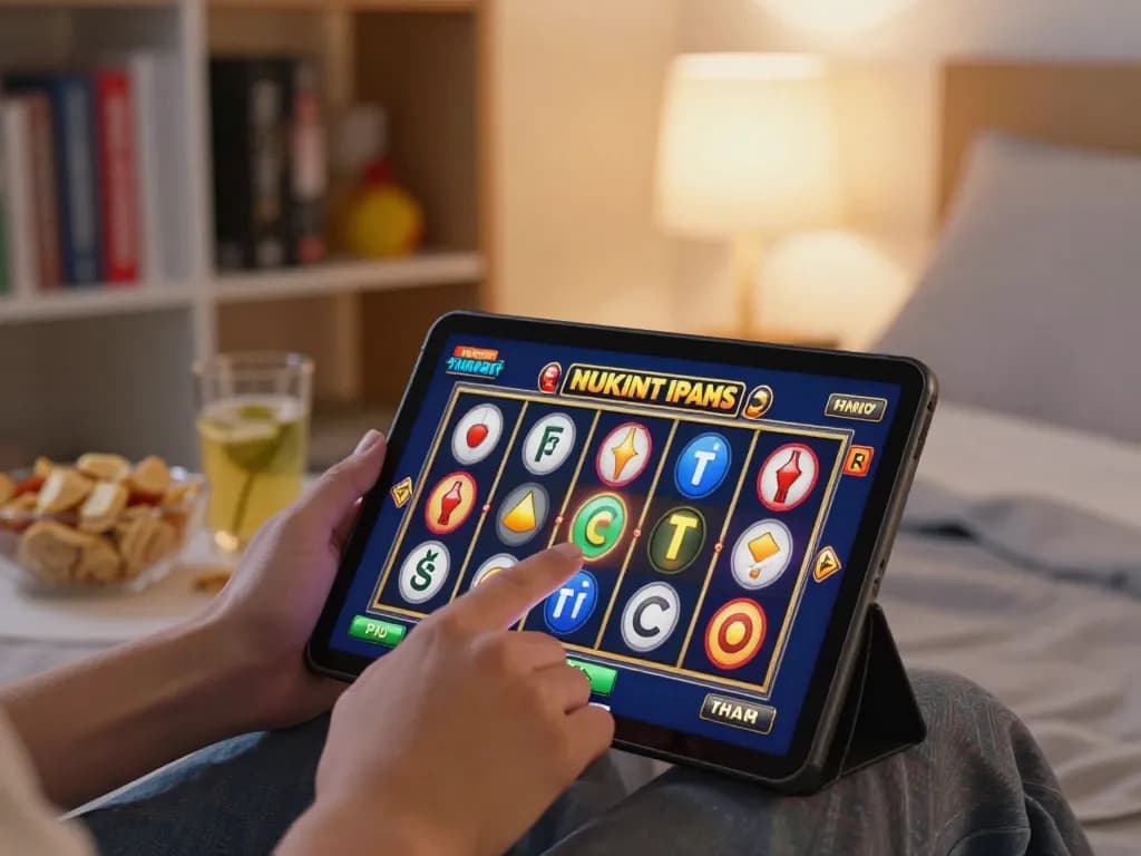 Dewalive Login for online slots with colorful reels in a cozy gaming setup.