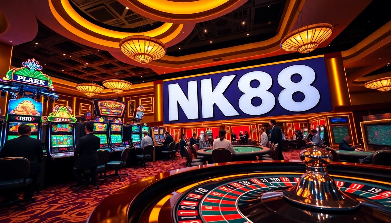Experience high-stakes gambling at NK88's luxurious casino with vibrant slot machines and roulette tables.