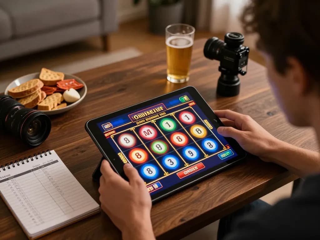 Engaging in online gaming with JUARA88 DAFTAR on tablet in a cozy atmosphere while managing bankroll.