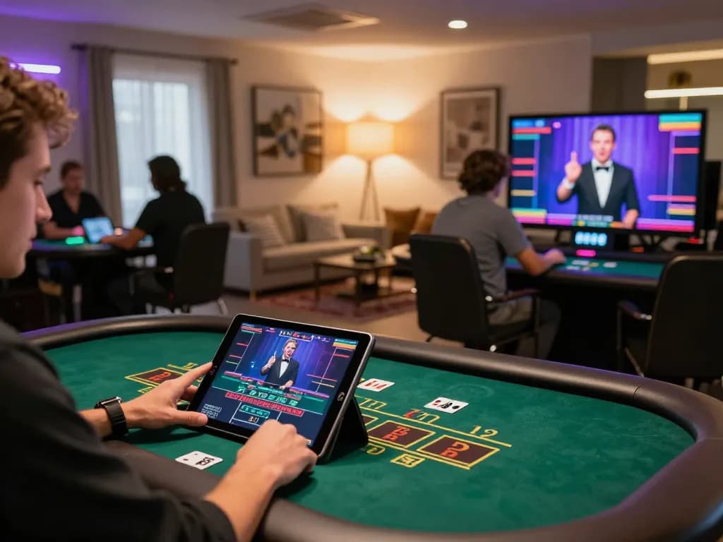 I9BET player enjoying live dealer baccarat on a tablet in a cozy home environment.