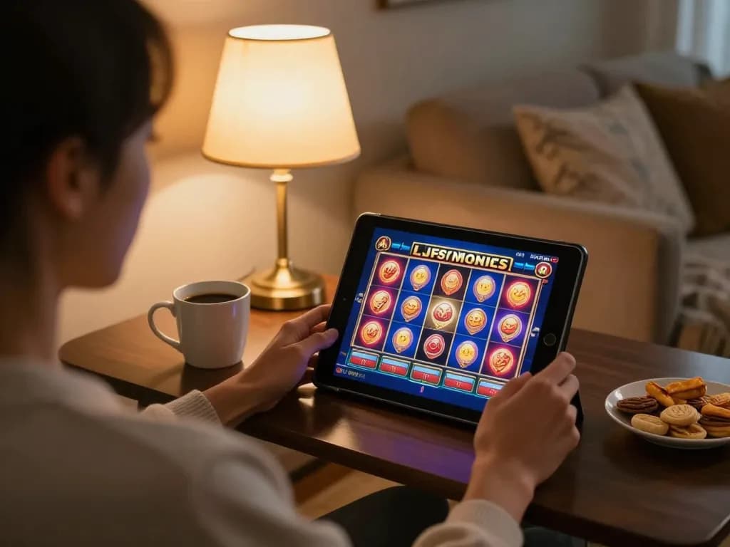 Player engaging with sunwin slot game on a tablet in a modern living room setting.
