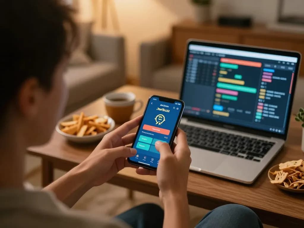 Experience mobile gaming excitement with the Jeetbuzz App on a smartphone in a cozy home setting