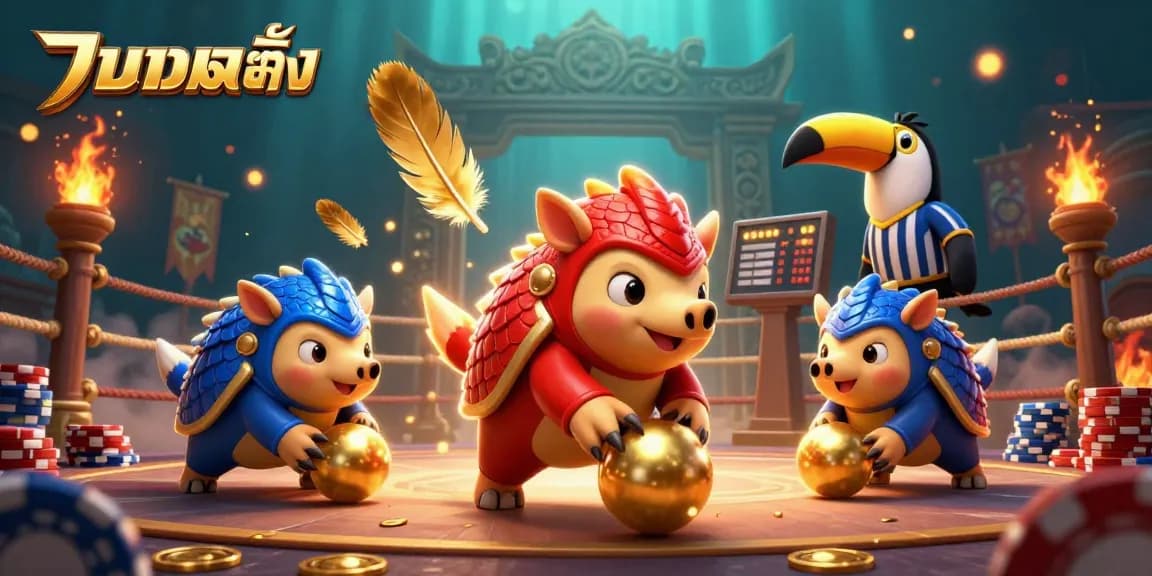 แทงบอลเต็ง bet on a vibrant scene with pangolins throwing poker chips and golden elements.