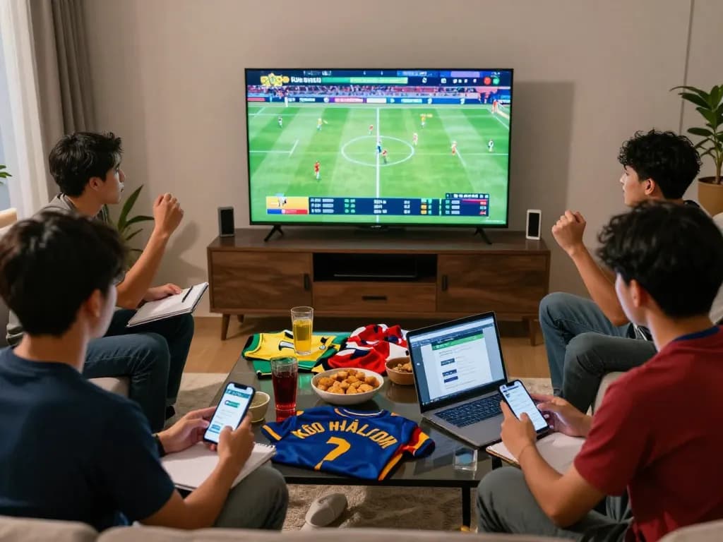 Excited friends engaging in kèo nhà cái betting during live football match.