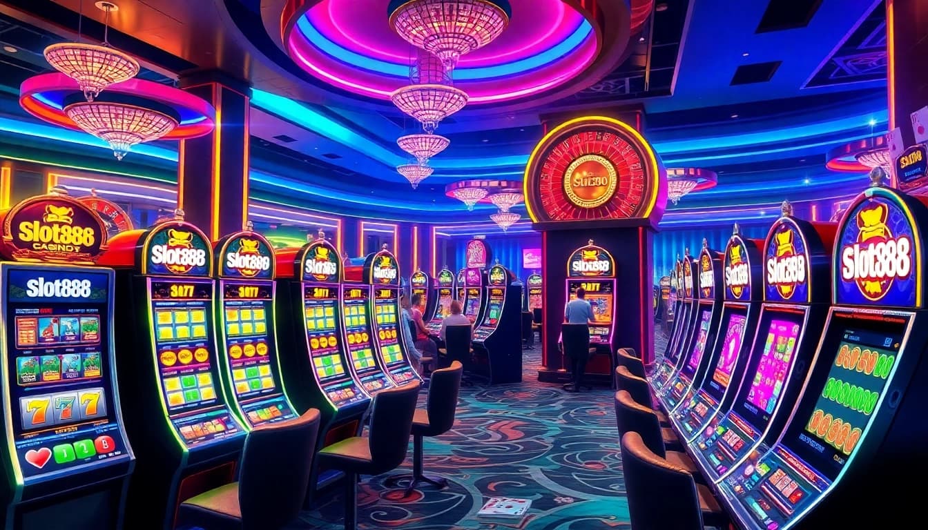Players engaging with slot888 machines in a vibrant and luxurious casino setting.