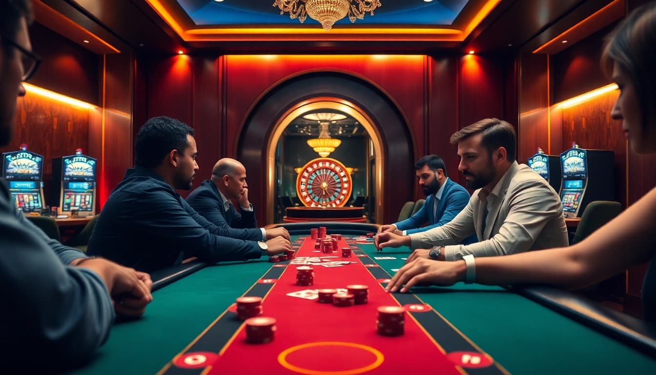 Players intensely strategizing their gameplay in an Idn Poker match at a luxurious casino.