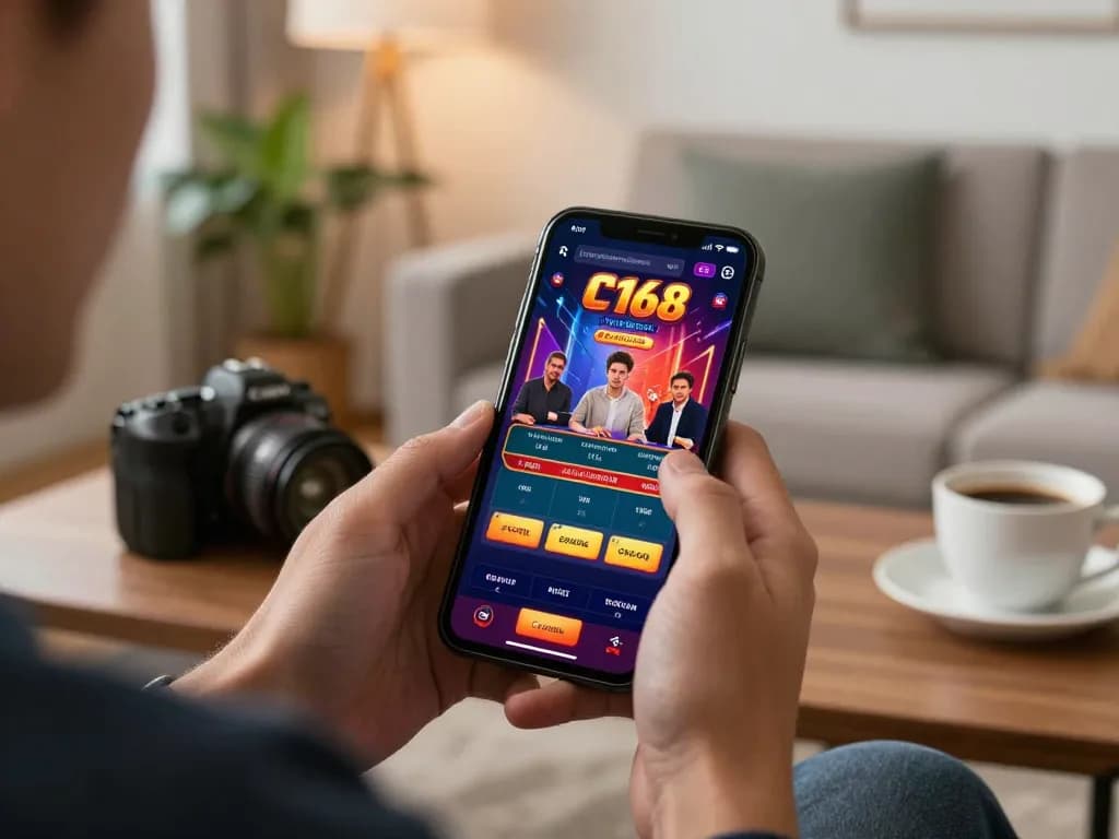 Engaging gameplay on C168 casino app with player focusing on smartphone for live betting.