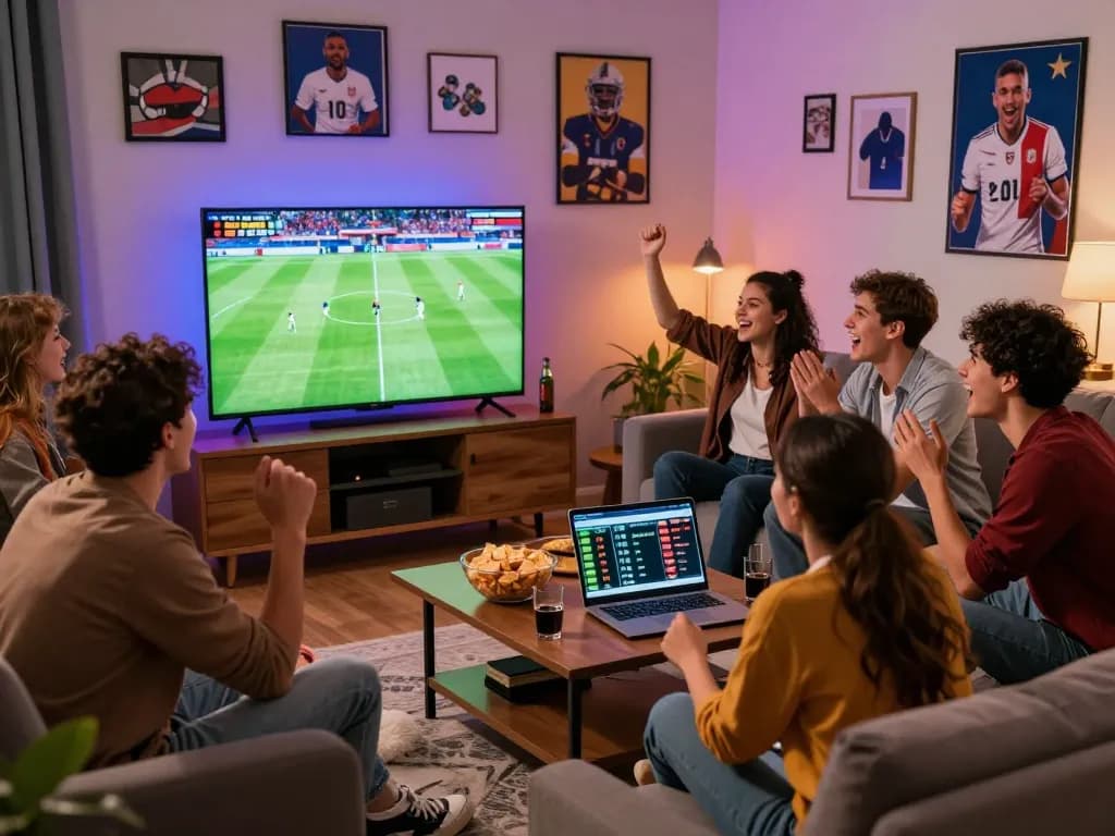 Group of friends enjoying kèo nhà cái while watching live football match in a cozy living room.