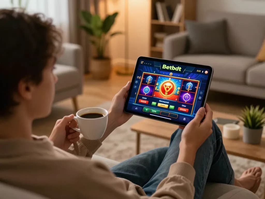 Engaging in gameplay on the Betbdt casino app from a cozy home setting, highlighting responsible online gaming.