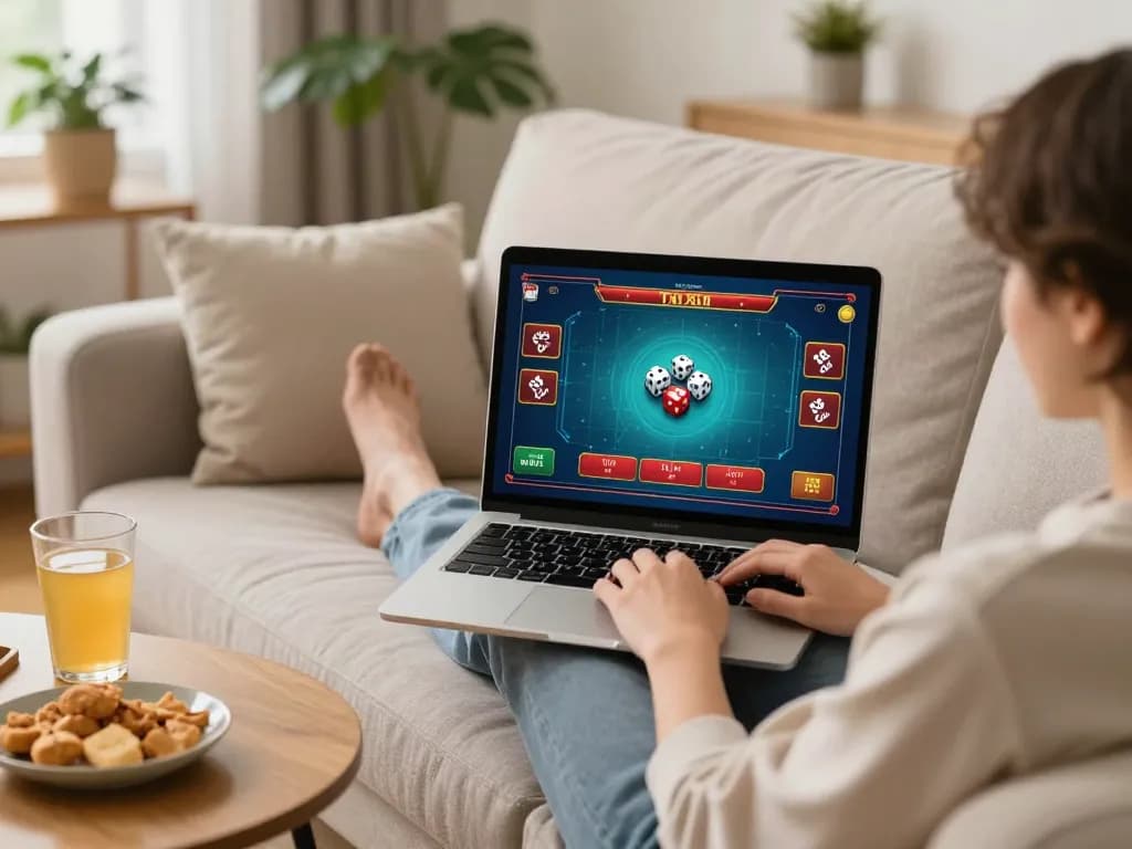 Tài xỉu online gaming on a laptop, showing interactive gameplay and a cozy home setting.