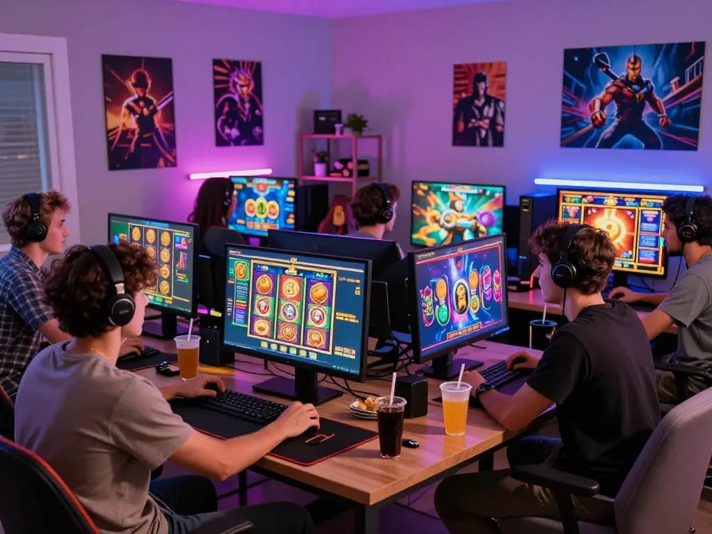 Kumpulan yang antusias menikmati sesi permainan situs slot di rumah, menampilkan layar yang cerah dan dekorasi modern.