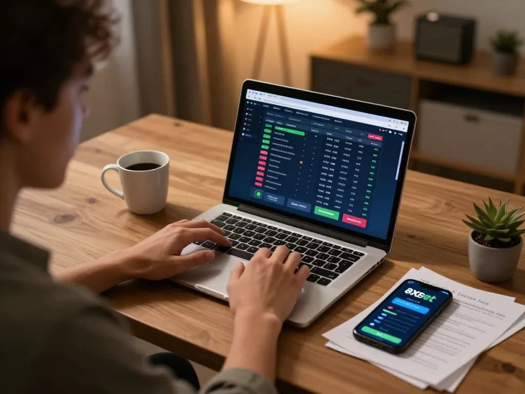 Person placing bets on sports using the 8xbet app in a cozy home setting, focused on their strategy.
