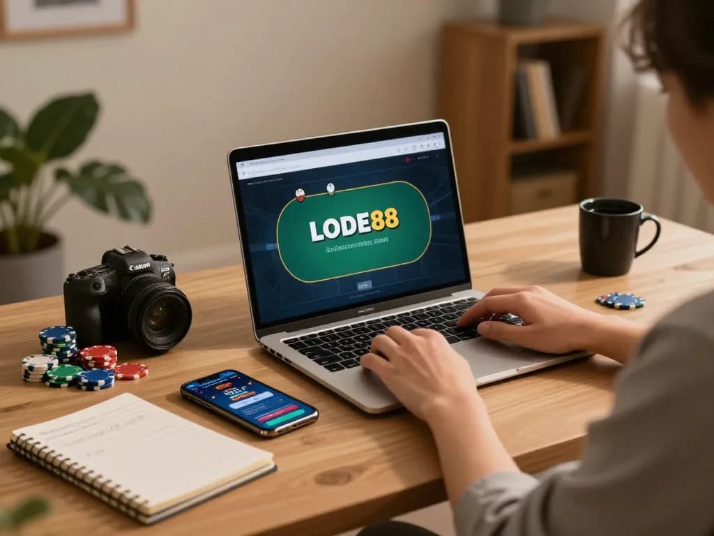 Player engaging with LODE88 online poker, showcasing a cozy home gaming setup with strategy notes.