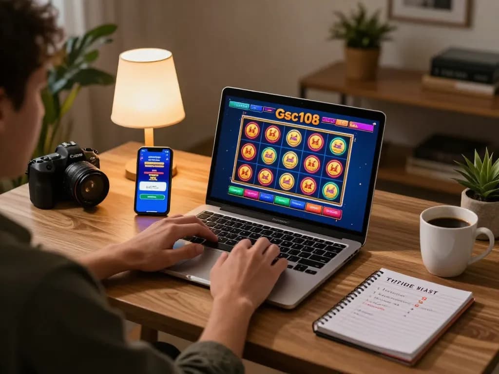 Pemain terlibat dengan permainan slot online Gsc108 di laptop, menunjukkan gameplay strategis.