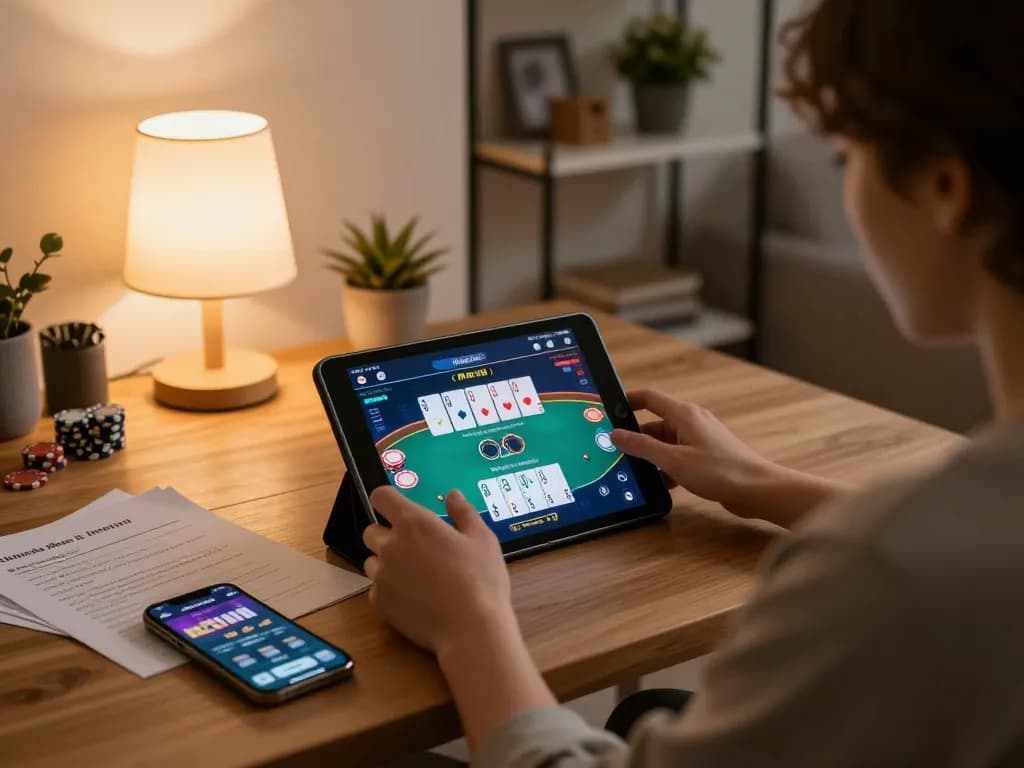 Engaging player enjoying rikvip poker game on tablet while analyzing betting strategies at home.