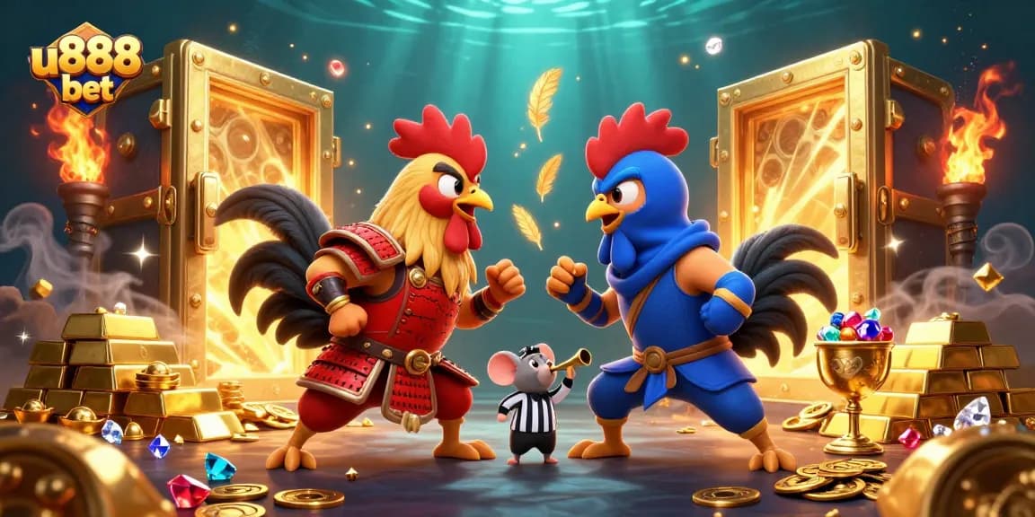Engage with the thrilling u888 bet gaming experience featuring epic rooster fighters in a vibrant casino scene.