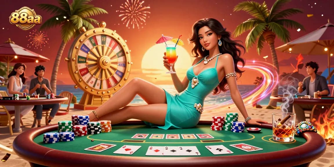 Play thrilling games at 88aa with a glamorous atmosphere, highlighted by poker elements and vibrant visuals.