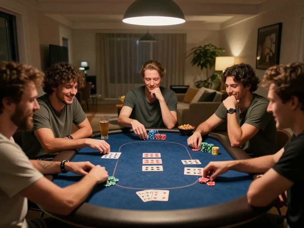 Players enjoying a thrilling poker game experience at home, showcasing PLANET88 atmosphere of social gambling fun