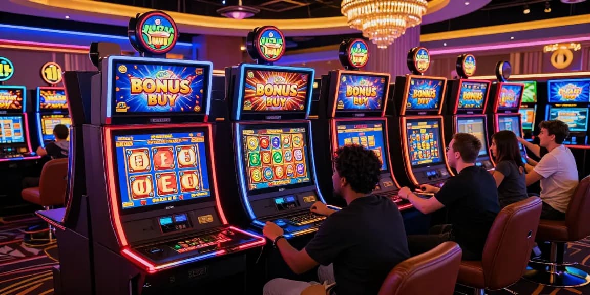 Experience thrilling Bonus Buy slots at https://eliotsociety.org.uk/ with diverse players immersed in vibrant gaming at a modern casino.
