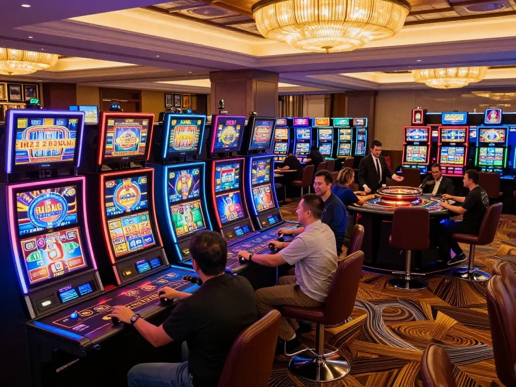 Players enjoying vibrant slot machines at UPINTOGEL casino, showcasing thrilling gameplay experience