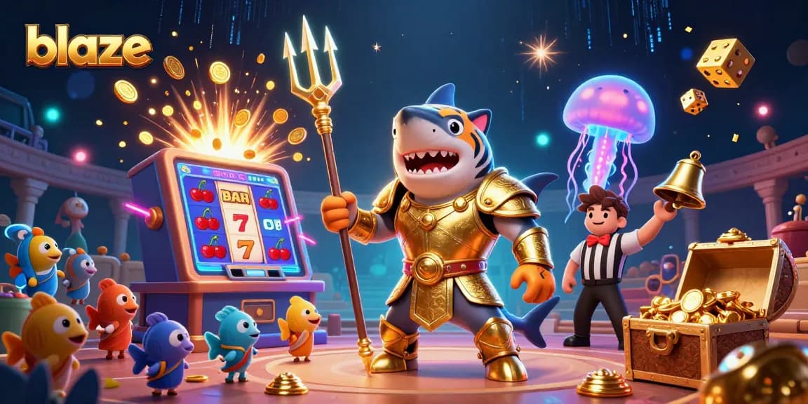 Experience blaze at the casino with an underwater shark gladiator winning jackpots amidst vibrant gaming elements.