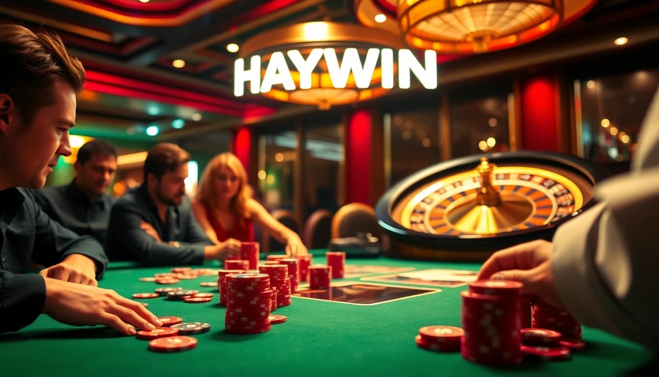 Experience luxurious gameplay at the HAYWIN casino, featuring vibrant poker tables and thrilling action.