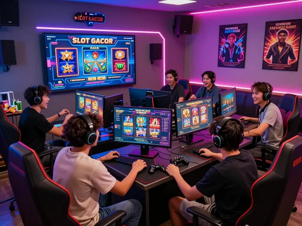 Exciting gaming room atmosphere with SLOT GACOR players enjoying live online slots together.