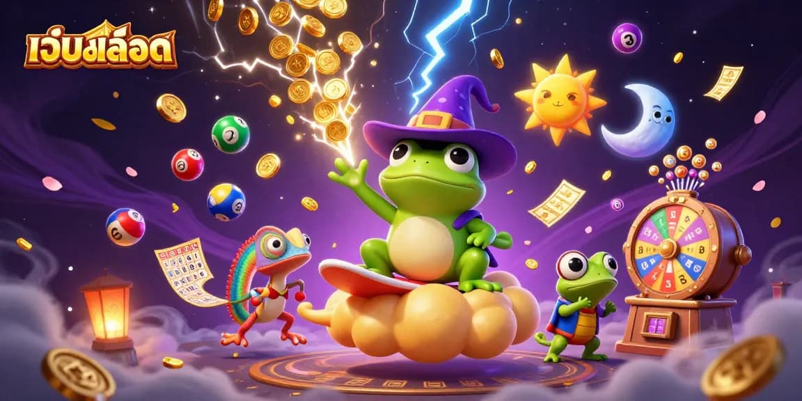 Experience เว็บสล็อต magic with a vibrant 3D casino scene featuring a wizard frog, chameleon, and dynamic game elements.