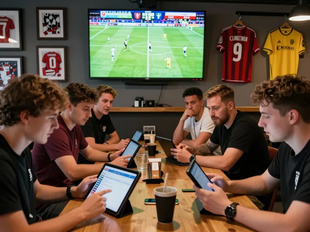 Fans engaged in analyzing soi kèo bundesliga at a lively sports bar.