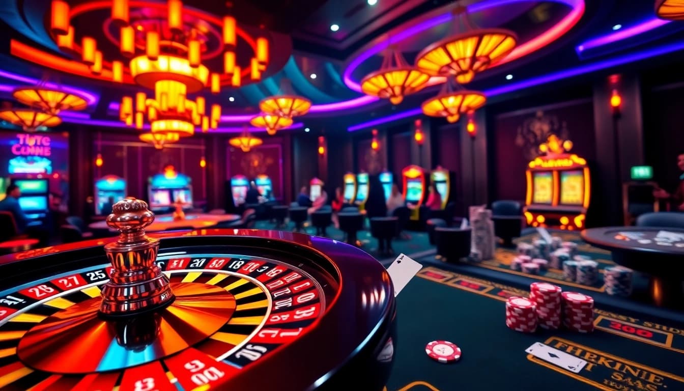 Experience thrilling gameplay with lego138 in an exciting casino setting featuring poker tables and roulette wheels.