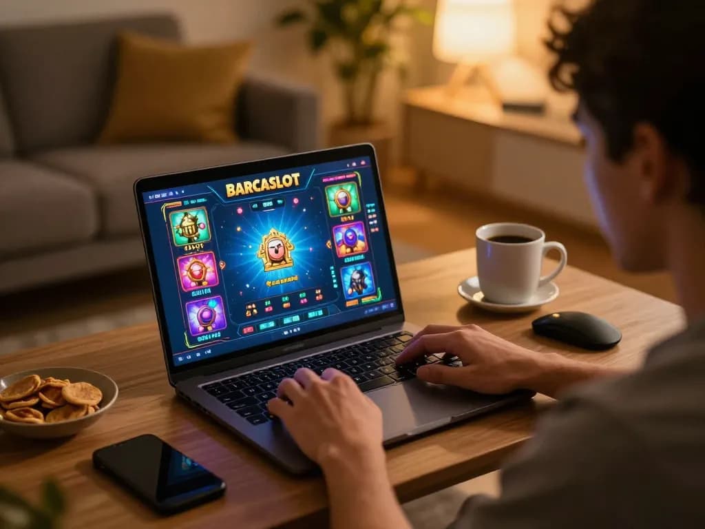 Terlibat dalam aksi permainan barcaslot online dari pengaturan rumah yang nyaman dengan laptop dan camilan