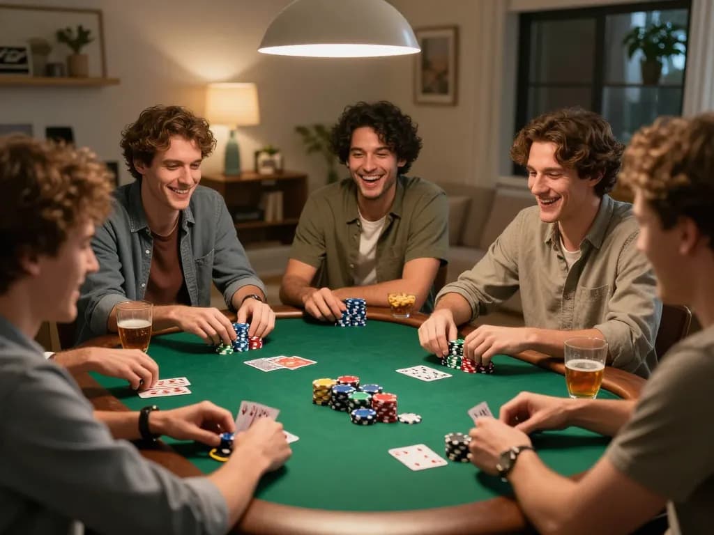 Teman-teman terlibat dalam permainan poker kompetitif di rumah, menangkap semangat malam poker HALOCUAN98.