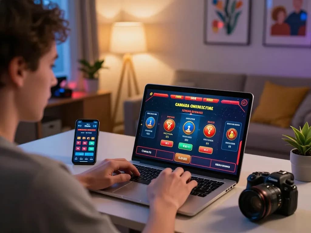 Experiencing Canada online casinos through engaging live dealer gameplay at home, showcasing modern gaming setup.
