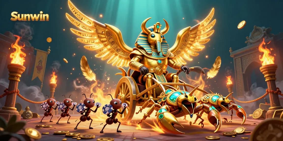 Experience the excitement of Sunwin gaming with a vibrant casino-themed 3D illustration featuring characters, tokens, and gold.