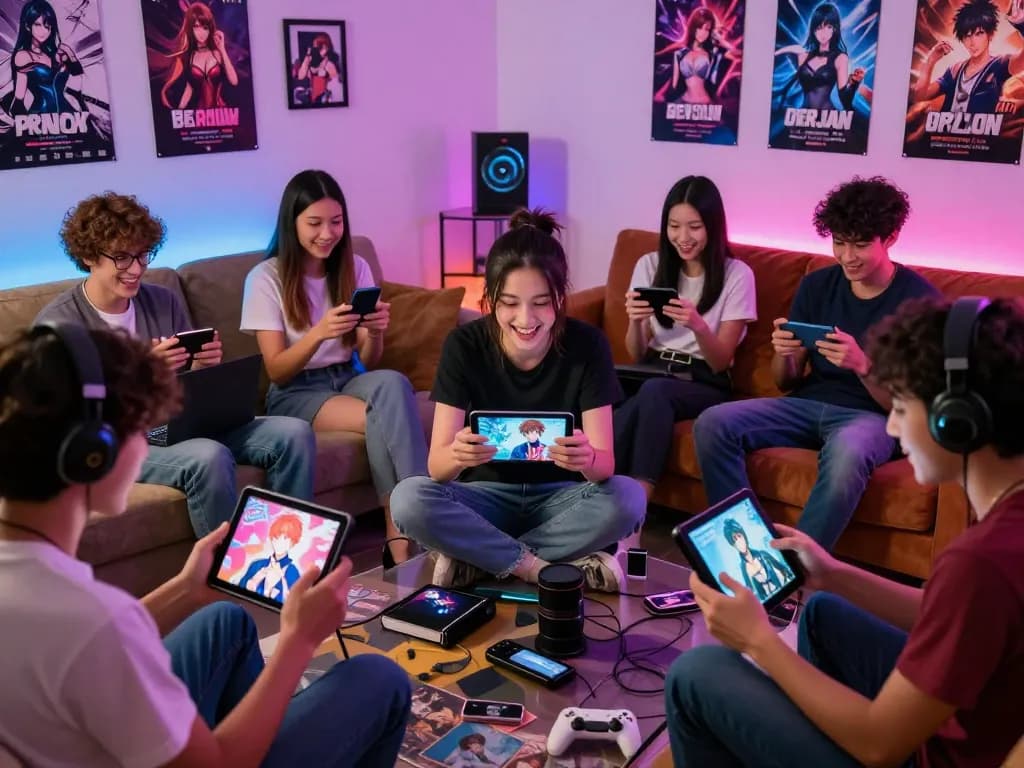 Gamers enjoying a variety of sex games in a cozy living room setting, highlighting adult gaming culture.